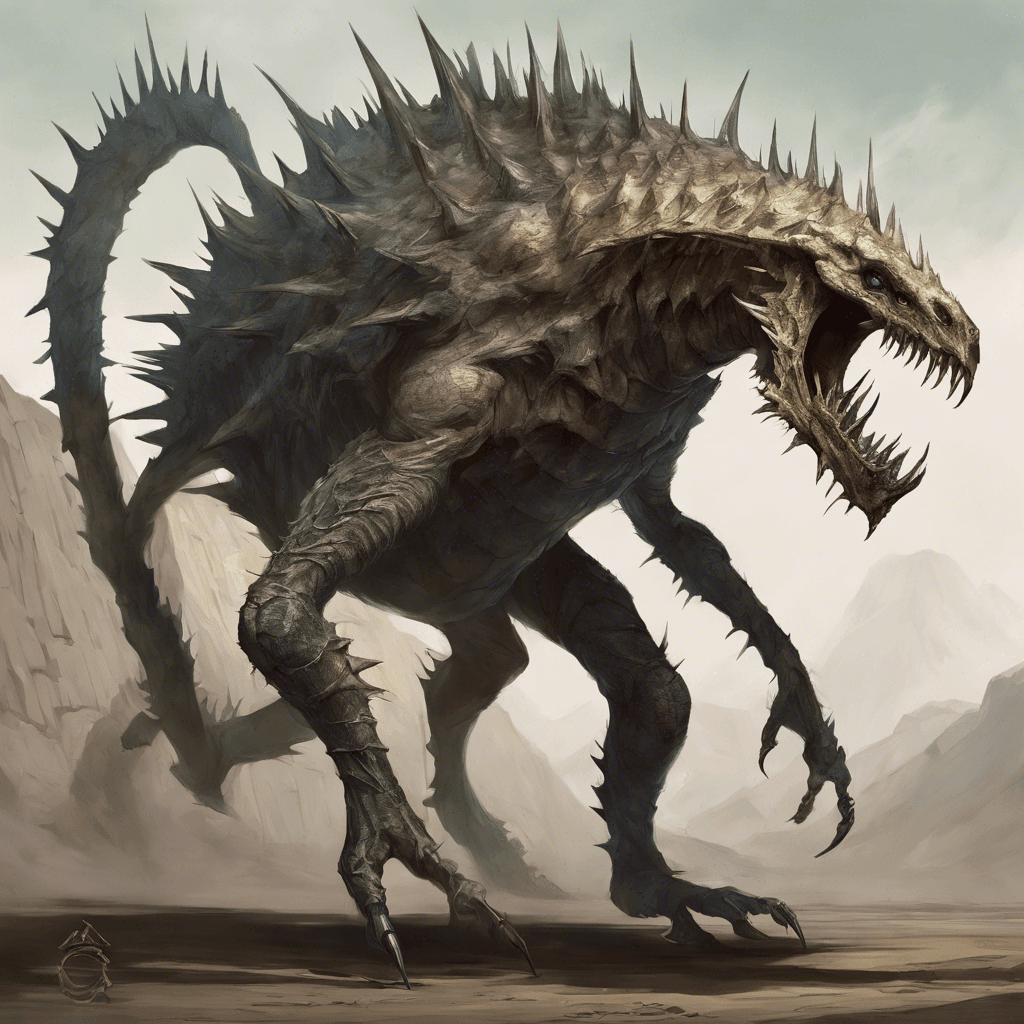 A towering creature with a hardened carapace, sharp spines protruding from its back and limbs, and triple-jointed legs that end in piercing claws, enabling it to move with frightening speed and grace.