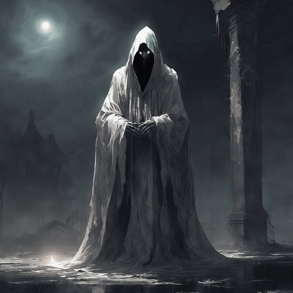 A towering figure cloaked in tattered robes, its ghostly form flickering in and out of existence. Its eyes glow with a malevolent light, and a sense of dread washes over you as it approaches, moaning in an otherworldly voice.