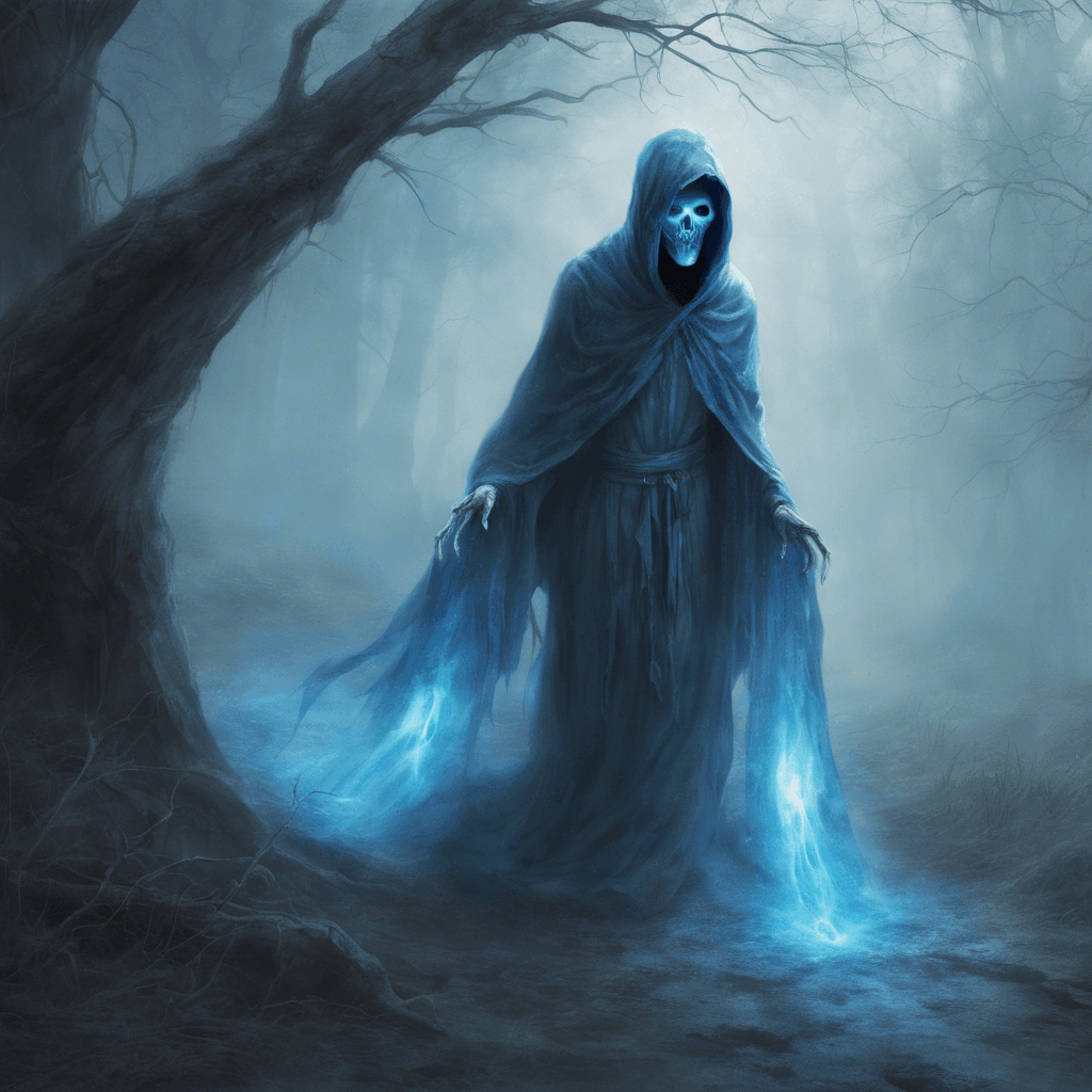 The Specter of the Forgotten is a phantom-like entity draped in tattered robes that seem to fade in and out of existence. Its eyes glow with an eerie blue light, and its touch chills the air around it. Wisps of cold mist trail behind it as it glides noiselessly towards its prey.