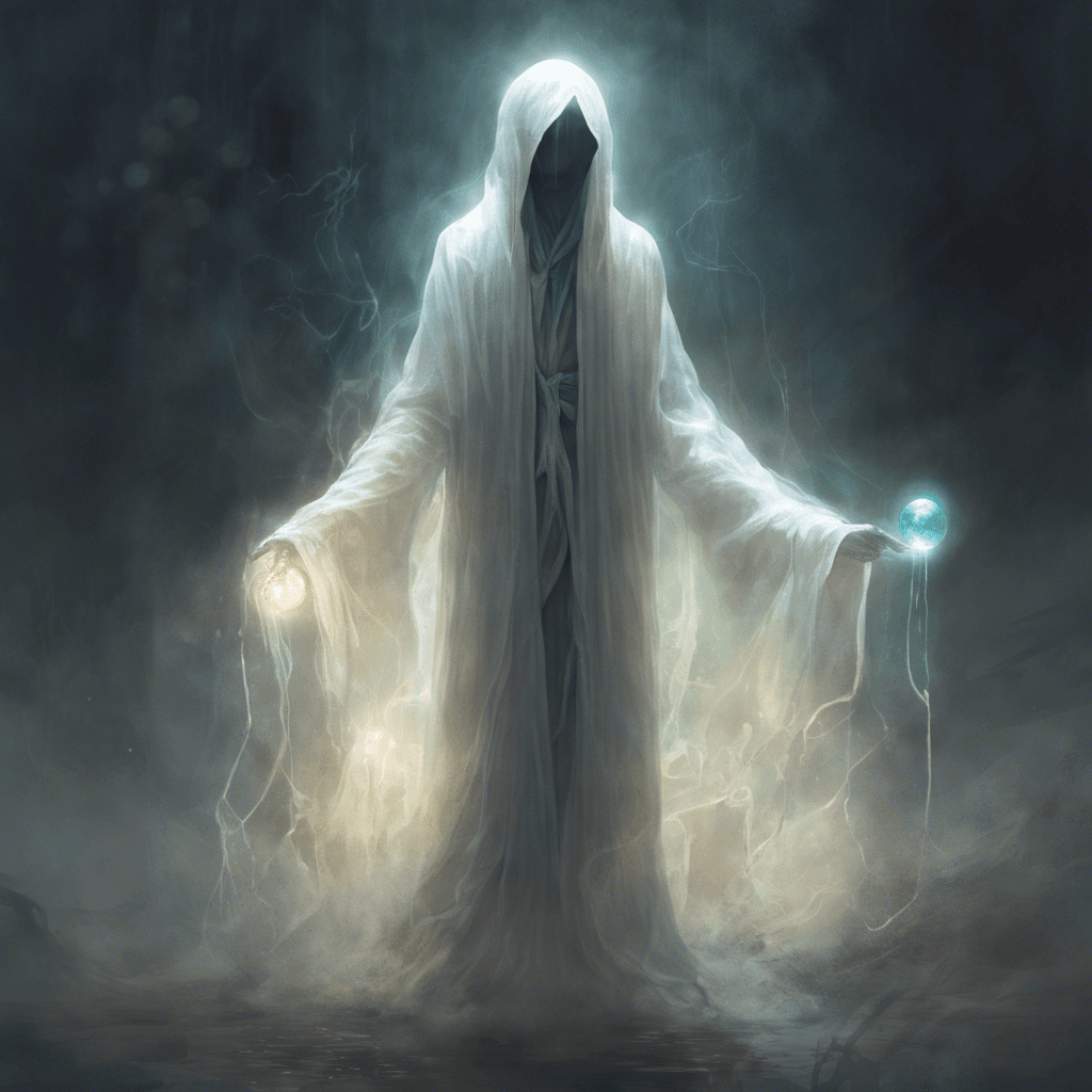 A shimmering, translucent figure with tattered robes floating eerily above the ground. Its face is a blur except for two glowing orbs that serve as its haunting eyes.