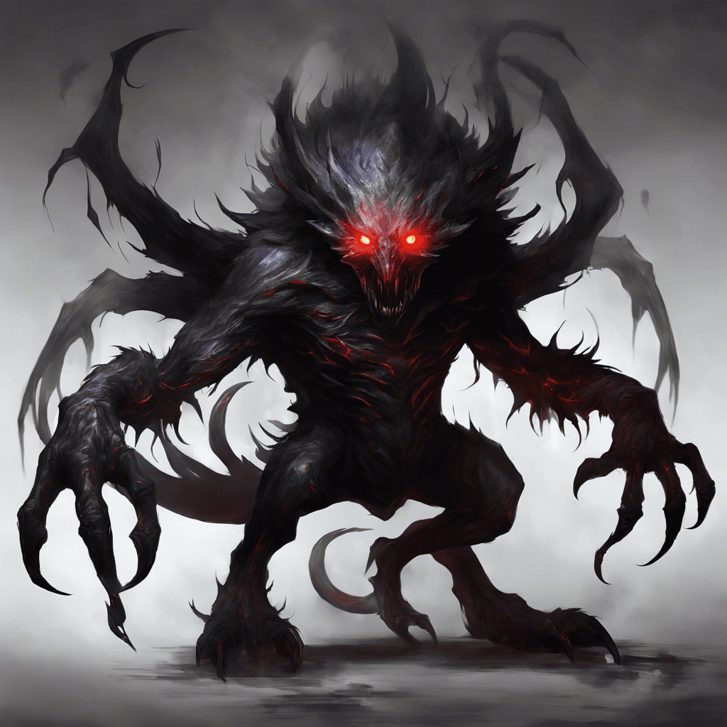 A creature made of darkness and smoke, with gleaming red eyes and ethereal claws that seem to drain the light from the surroundings. It moves with a silent grace, occasionally flickering like a faulty shadow.