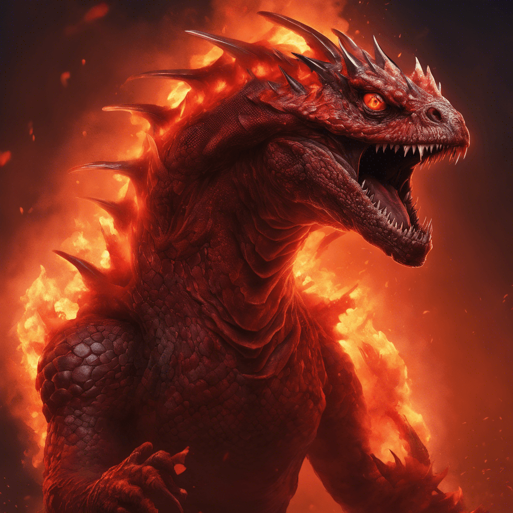 A reptilian creature with scales glowing like molten lava, eyes searing red, and a body coiled in tensile aggression. It has a crown of fiery plumes and claws that crackle with thermal energy.