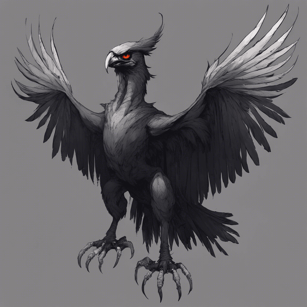 A harpy with dark feathers and sharp talons, its beady eyes glint with malice as it circles in the air, a wicked grin revealing needle-like teeth.