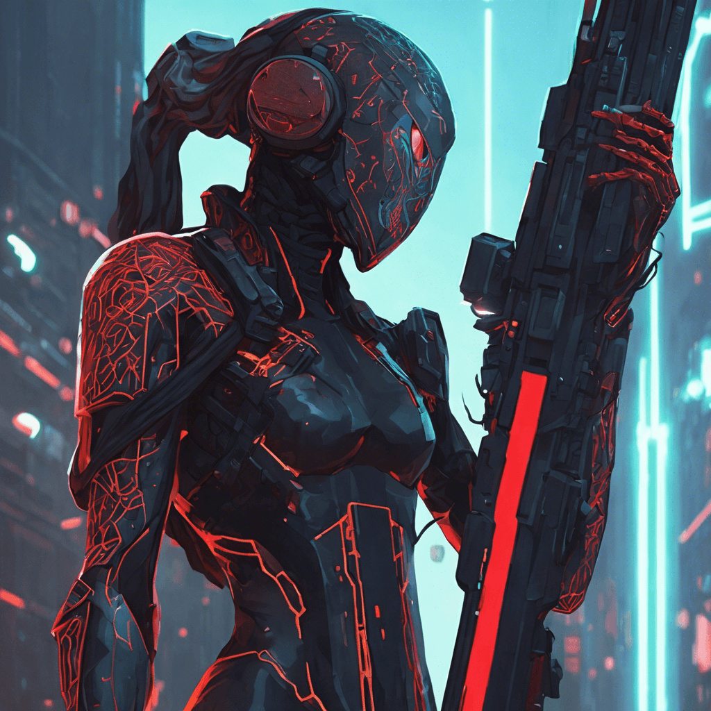 A tall, slender figure draped in a dark reflective cloak, face obscured by a high-tech helmet with a glowing single red visor. Cybernetic limbs are intricately woven with glowing circuitry patterns, and a collapsible sniper rifle with neon accents is slung across the back.