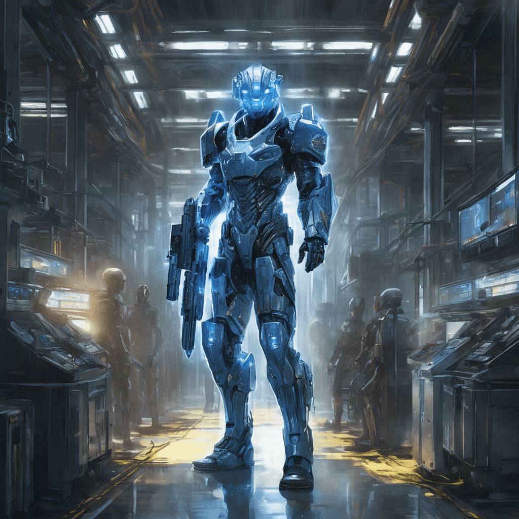 A towering figure clad in mirror-like cybernetic armor steps through the factory's entrance, reflective surface marred by scratches. Eyes emanating a cold blue light scan the darkness. Integrated weapons systems along its arms hint at an array of combat protocols.