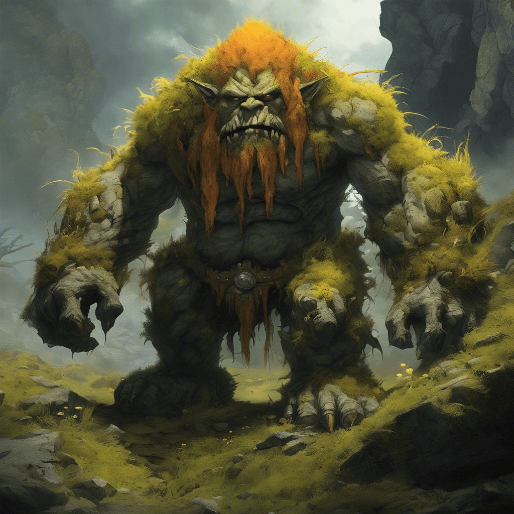 Standing at an imposing eight feet tall, Gorgath the Stone Troll boasts a jagged hide that resembles rocky outcrops. His eyes, glowing like molten amber, peer out from beneath an unruly mop of grass-like hair. An array of moss and lichen adorning his back indicates ages spent dormant before awakening to challenge intruders in his territory.