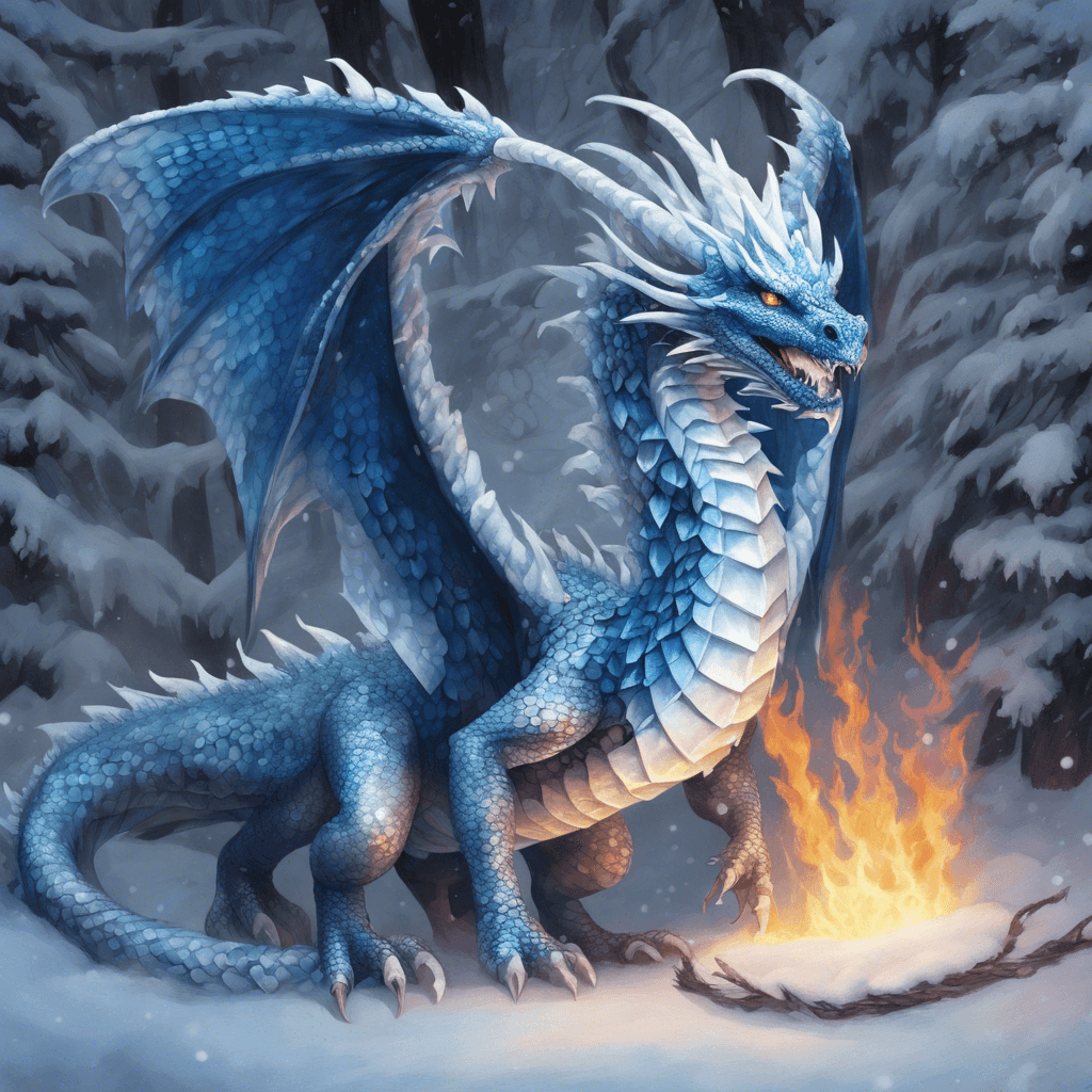 A serpentine dragon covered in iridescent blue-and-white scales that glisten like frost. Its eyes burn with a cold fire, and icicles hang from its wings and underbelly, making it blend with the snow.