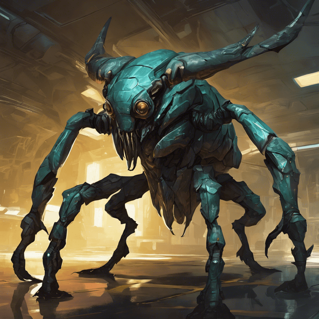 A hulking, insectoid creature with a sleek, chitinous carapace reflecting the dim lights of the engineering deck. It has multiple faceted eyes and a pair of slender, razor-sharp mandibles that click menacingly as it moves with alarming speed.