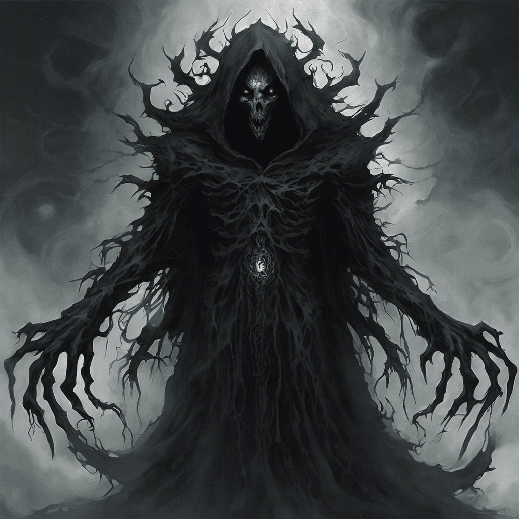 The Dreadspawn is a shadowy figure that materializes from the darkness itself. Its eyes shine with malevolent energy, and its form constantly shifts and twists, making it difficult to focus on. Wisps of dark energy surround it, exuding an aura of fear and despair.