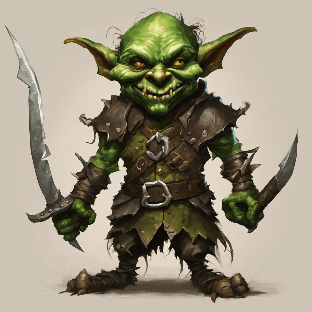 A small, wiry goblin with green skin, tattered leather armor, and a mischievous grin. It wields a pair of jagged daggers and moves with surprising swiftness.