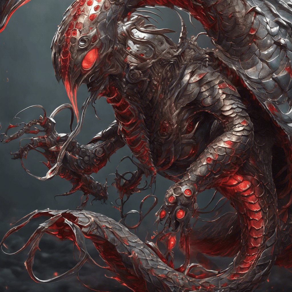 A sinuous creature covered in metallic scales, with multiple tendrils equipped with different tools and weapons. It has a central eye that emits a piercing red light.