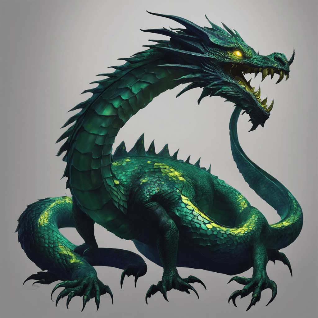 The Gloomfang Basilisk has iridescent scales that shimmer in dark emerald and midnight blue hues. It is a large serpent with menacing yellow eyes that glow with a sinister light, and has a crown of sharp spikes along its back.