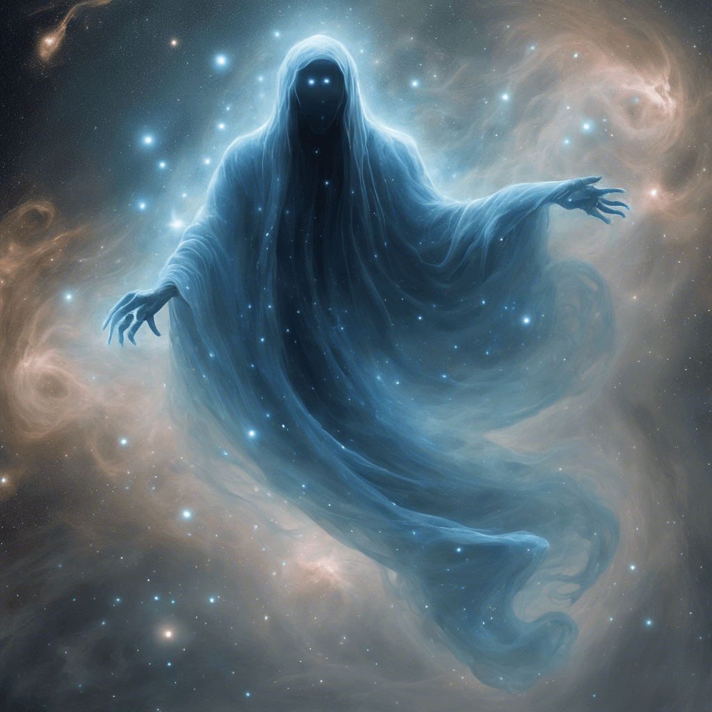 The Nebula Phantom is a ghostly apparition that appears to be made of swirling cosmic dust and gas, with glowing blue eyes that pierce through the darkness of space. It emits an eerie hum that sends shivers down the spine of those who hear it, and its form seems to flicker and fade in and out of existence.