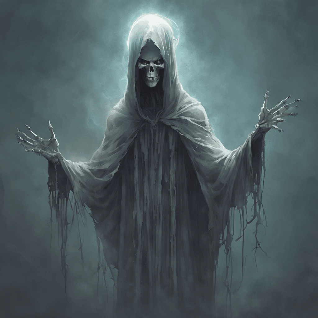 A wraith-like figure, ethereal and skeletal. Its tattered robes flicker in and out of existence as it floats above the ground, hollow eye sockets glowing with an eerie, pale light.