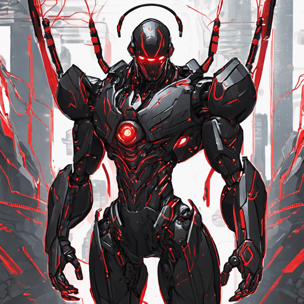 The Cyber Sentinel is a humanoid figure covered in sleek, black cybernetic armor. Red glowing lines trace intricate patterns across its body, pulsing with energy. Its eyes are replaced with piercing red cybernetic implants, scanning the area for any threats. It moves with precision and speed, ready to eliminate any intruders in its path.