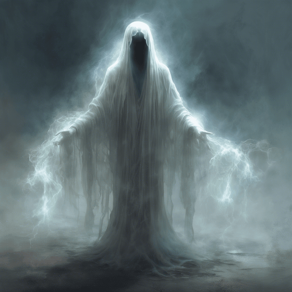 A ghostly figure, translucent and ethereal, with tattered robes that seem to be made of the very mist it floats upon. Its eyes are hollow yet emit a faint, otherworldly glow, and wisps of what appears to be a cold ethereal flame crackle where its feet should be.