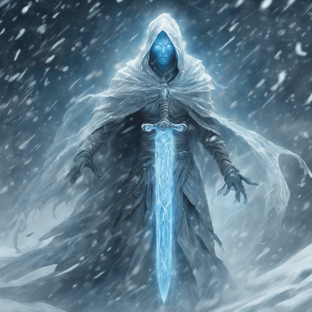 A spectral figure shrouded in swirling snow and ice, with glowing blue eyes that pierce through the gloom. Its body is semi-transparent, and it wields a sword made of condensed frost.