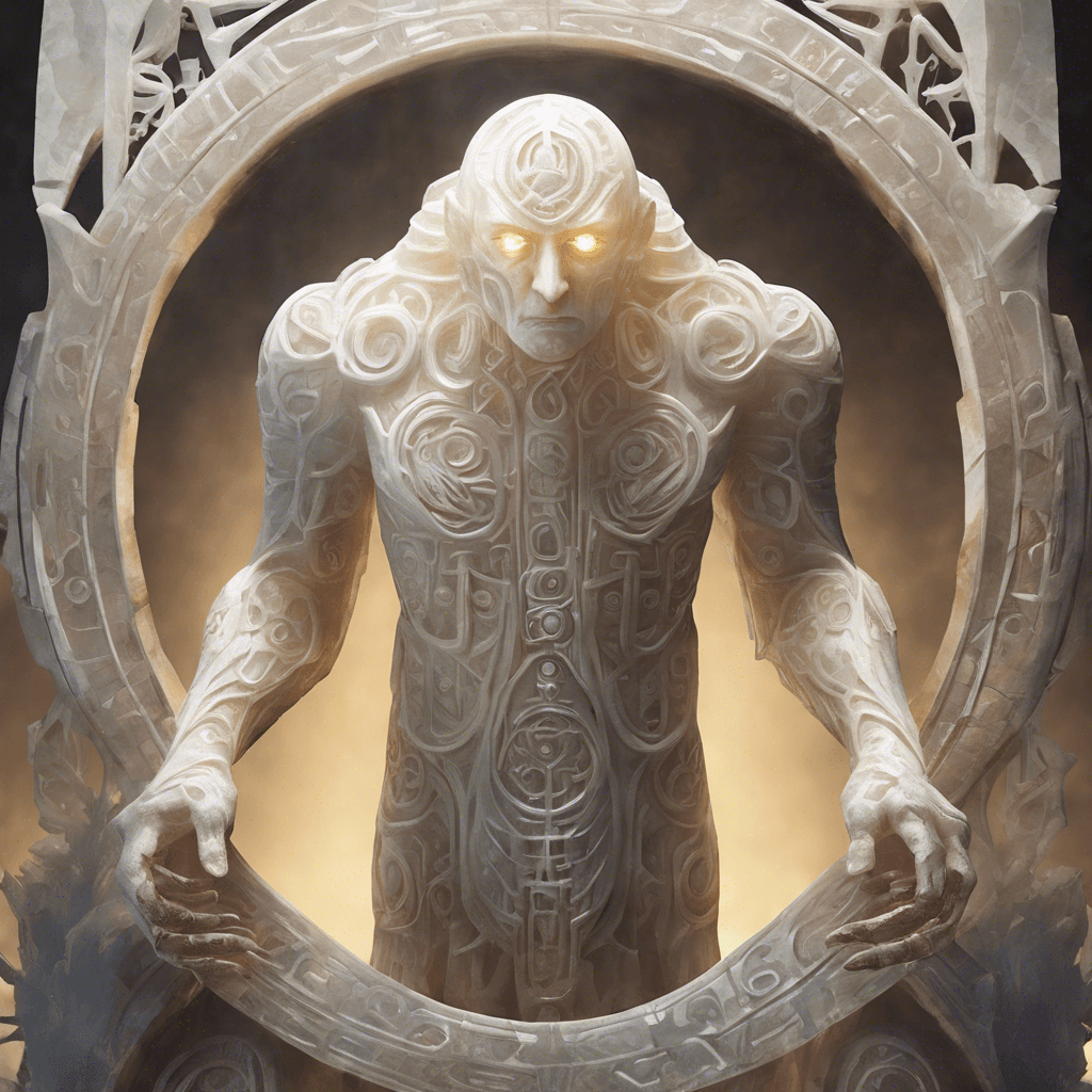 A towering figure carved from translucent quartz, its eyes shimmering with magical light. The Golem's limbs are encased in runic etchings, pulsing with arcane energy.