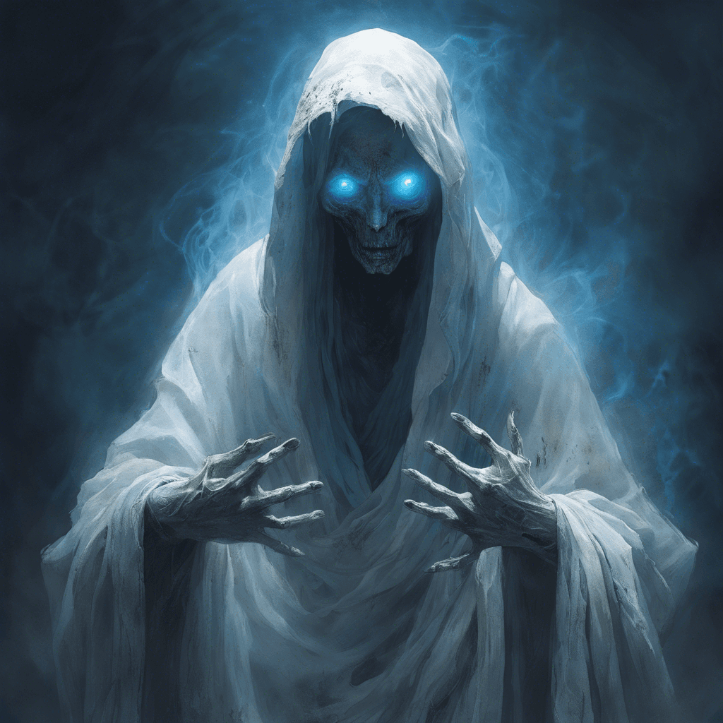 A ghostly figure shrouded in tattered robes, with hollow eyes that glow with a haunting blue light. Its hands are outstretched with fingers ending in ethereal claws.