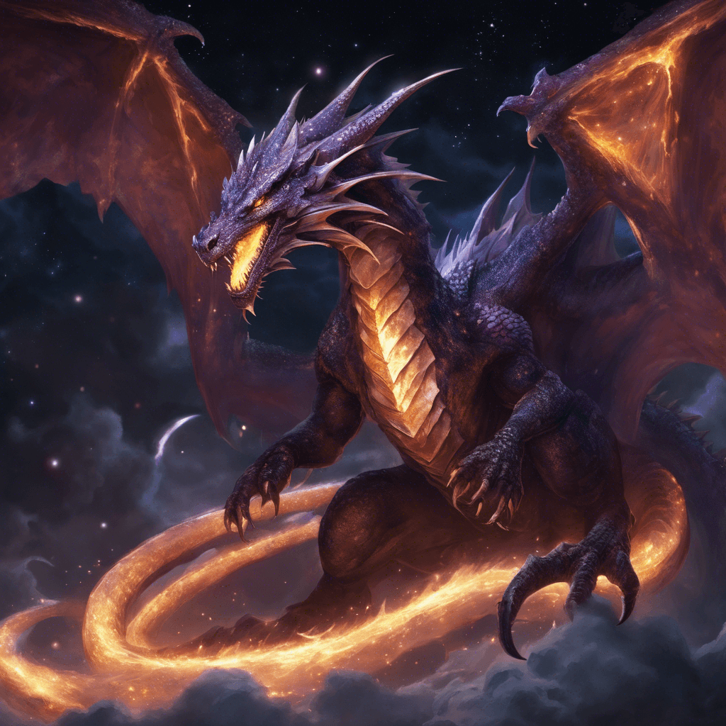 A colossal dragon with scales as dark as the void between stars. Its eyes glimmer with a nebulous light, and ethereal flames dance around its fanged maw. Wingless yet able to move through the ether with serpentine grace.