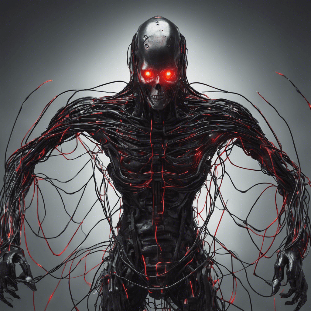 The Data Reaper is a cybernetic entity, shrouded in darkness with glowing red eyes. Its body is made of metallic wires and cables, constantly shifting and morphing. It moves silently through the digital realm, leaving destruction in its wake.