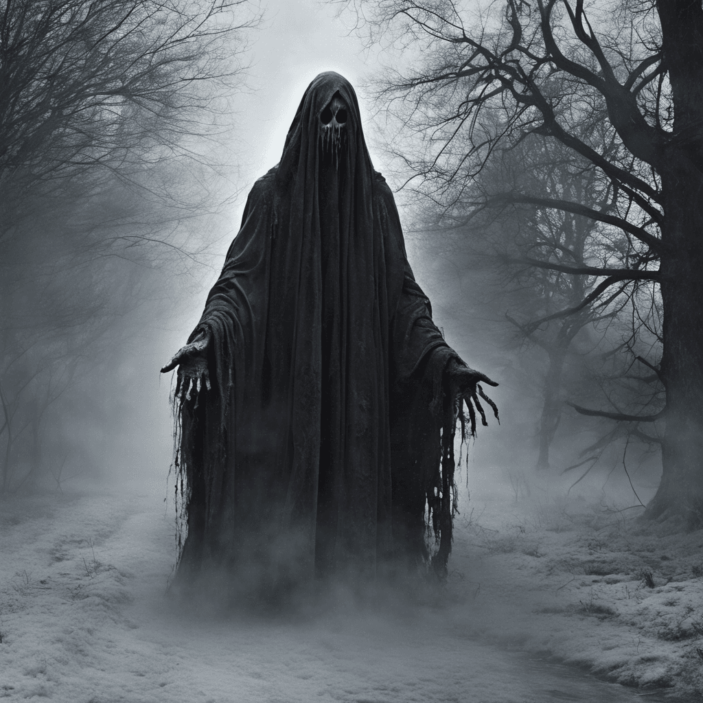 The Specter of the Forgotten Manor is a ghastly apparition shrouded in tattered robes, with hollow eyes that seem to pierce through your very soul. It moans in agony as it floats towards you, leaving a trail of icy mist in its wake. Its presence chills you to the core, and the air around you grows heavy with foreboding.