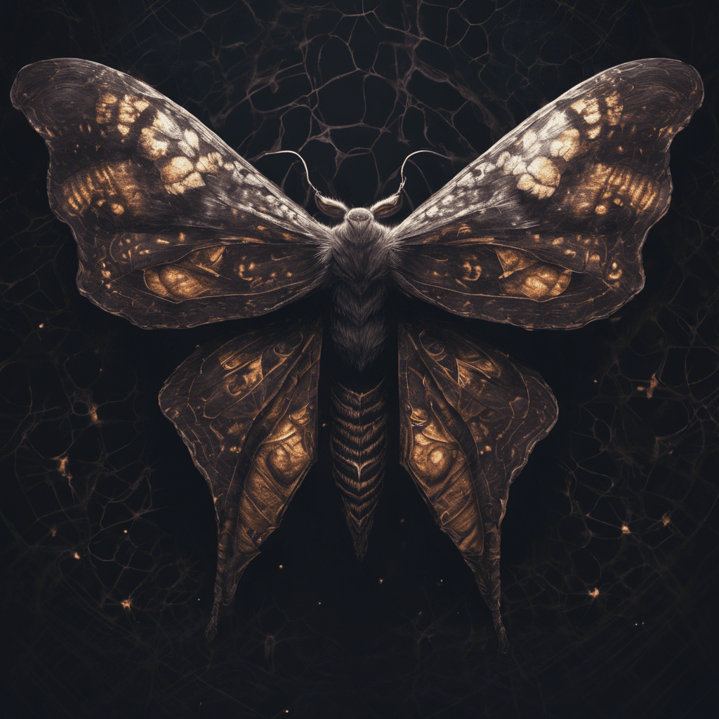 A massive moth, its wings span ominously, shimmering with an unnatural dark essence. Its eyes are glowing, and its body is covered with shadowy patterns that seem to absorb light.