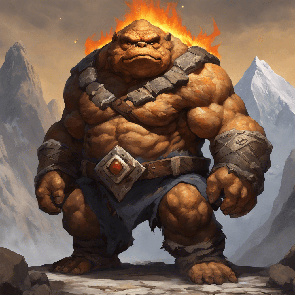 A towering Goron with skin as rugged as the rocky mountains. His massive hands dwarf the boulders he's ready to throw, embodying the strength of an avalanche. Eyes burn with a flame matching the molten core of his volcanic home.