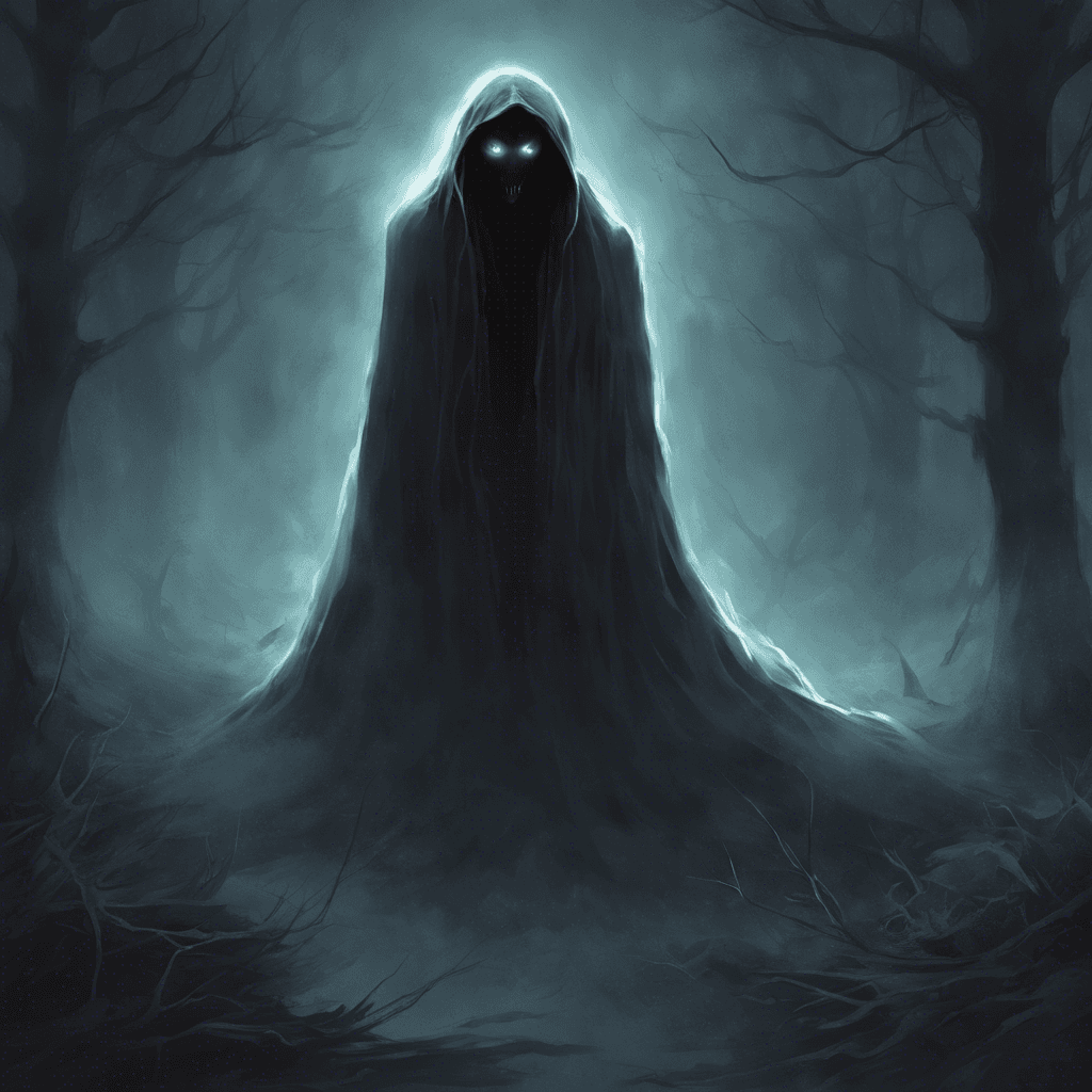 A ghostly figure cloaked in darkness, with glowing eyes that pierce through the night. Its chilling presence freezes the air around it, sending a sense of dread down your spine.