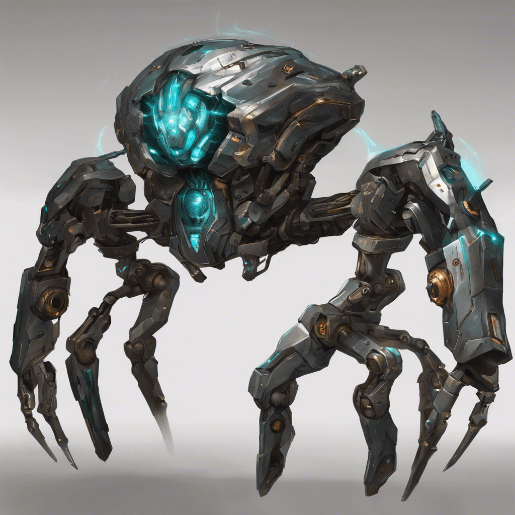 A towering mechanical construct with a humanoid upper torso and spider-like lower limbs allowing for rapid movement and stability. Its carapace shimmers with a metallic sheen, reflecting the environment with a quantum stealth effect. The Reaver's arms are equipped with pulse disruptors capable of firing concentrated bursts of energy.