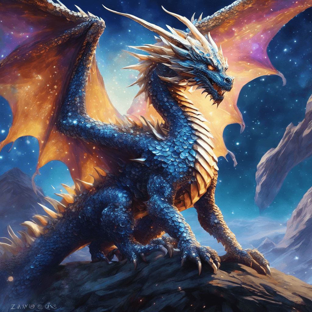 A majestic dragon covered in crystalline scales that shimmer with the flow of time, Zarvok's eyes glint with an ancient wisdom and a depth that seems to stare into the very fabric of history. Its wings carry the hues of the cosmos and its breath exudes a mist that sparkles with minute stars.