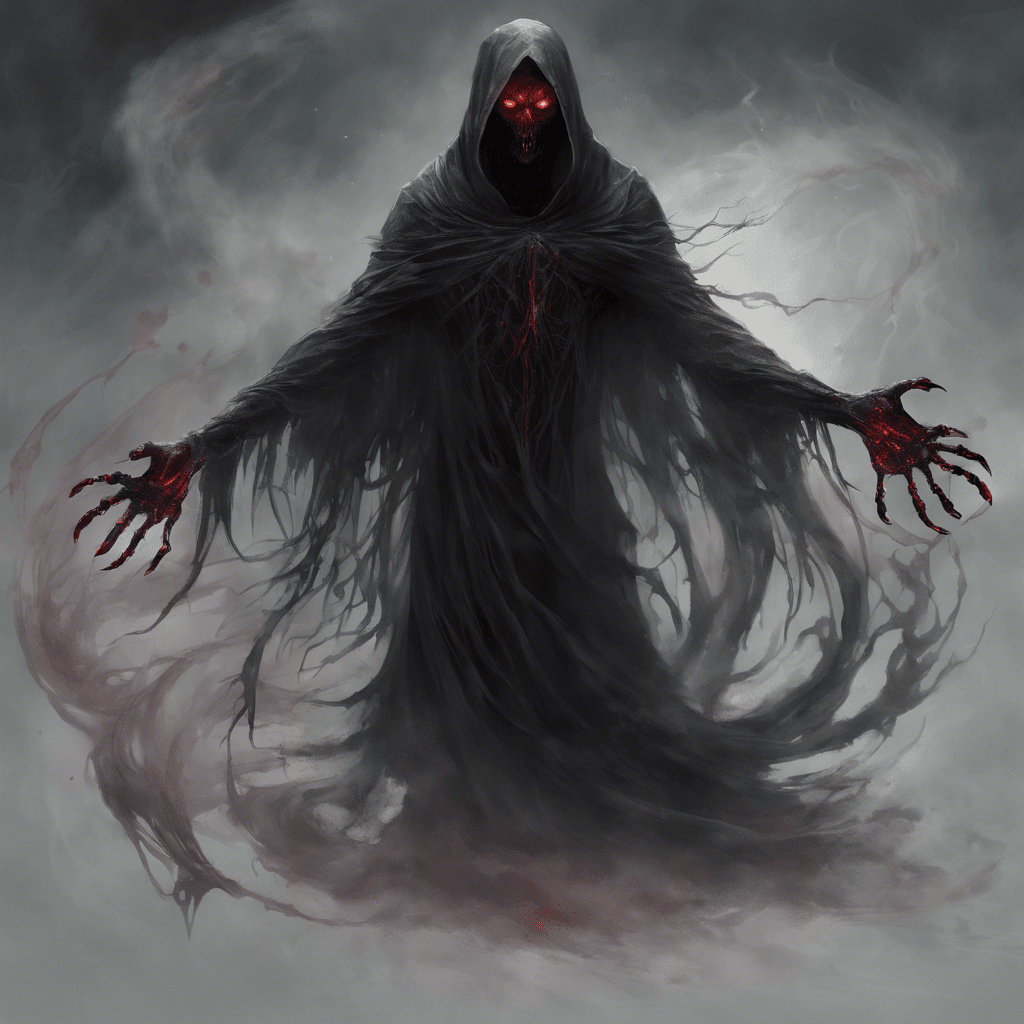 A wraith with swirling black mist for a body and piercing crimson eyes, floating above the ground, emanating an aura of utter darkness and despair. Its ethereal claws seem to reach out through the air.