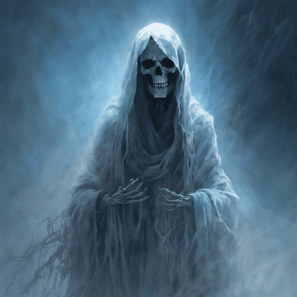 A ghostly figure enveloped in tattered robes, its eyes glowing with a baleful blue light. Wisps of freezing mist drift from its skeletal hands.