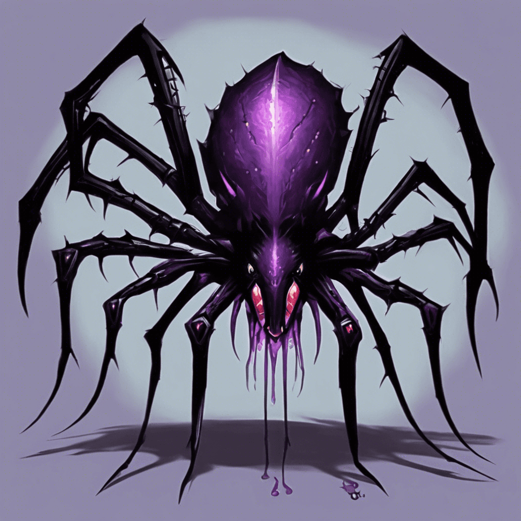 A massive, eight-legged arachnid creature with bristling black fur and gleaming red eyes. Each leg ends with a razor-sharp point, and dripping from its oversized fangs is a glossy, venomous ichor. Its abdomen bears glowing purple sigils which hint at its mystical origins.