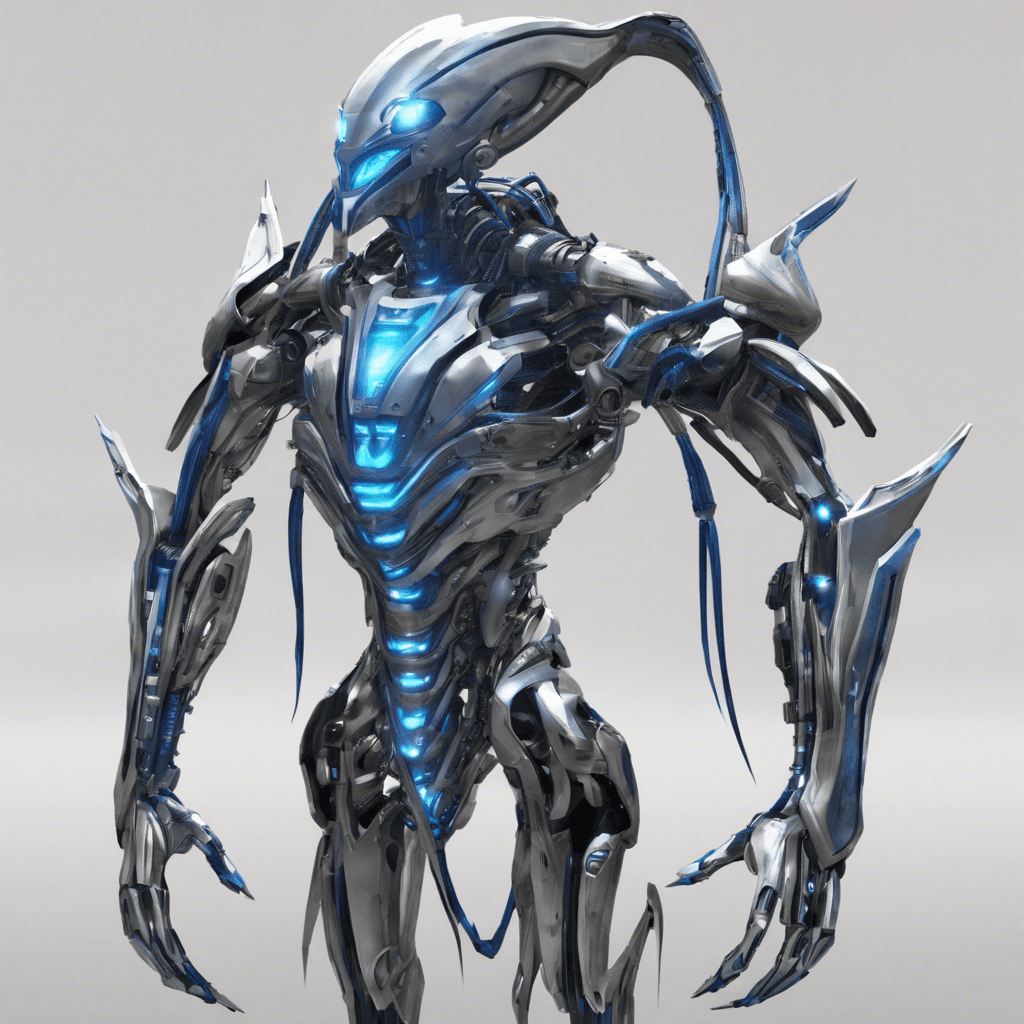 The Zyphorian Saboteur is a sleek, metallic being with a segmented exoskeleton resembling polished silver. It has multiple limbs, each tipped with various tools for slicing, hacking, and manipulating technology. Its eyes are narrow bands of glowing blue, scanning its surroundings with precision.