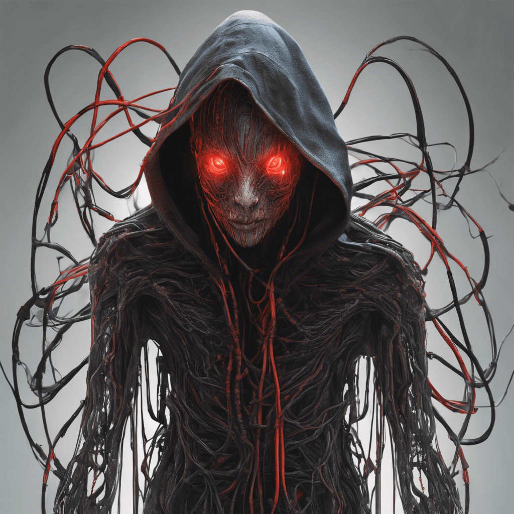 A humanoid figure draped in a tattered digital cloak, glowing lines running down its limbs. Its face is obscured by a hood, with piercing red eyes seen through the shadows. A myriad of cables extend from its body like tentacles.