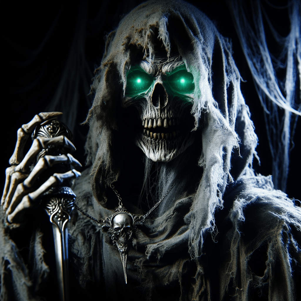 A spectral figure wrapped in tattered robes that were once noble garments. Its eyes glow with a baleful green light, and a shimmering silver rapier materializes in its hand.