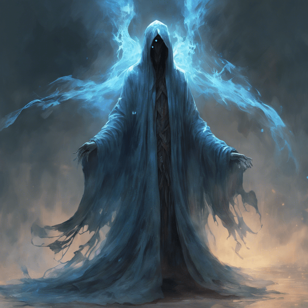 A translucent figure, cloaked in tattered robes that flutter without wind. Its eyes are hollow, yet burn with a ghostly blue fire.