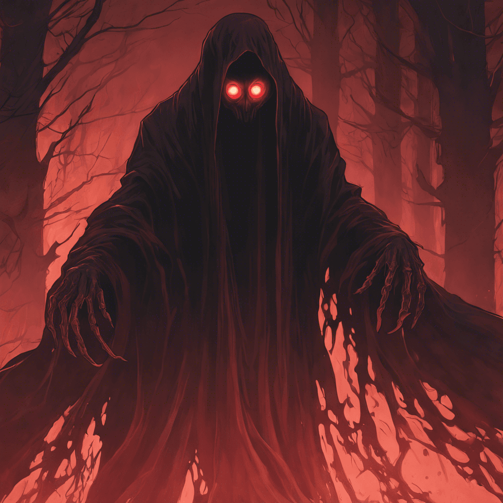 A wraith-like figure, cloaked in shadows with hollow eyes that burn with a malignant red glow. Its form is ephemeral, shifting and whispering with ghostly malice.