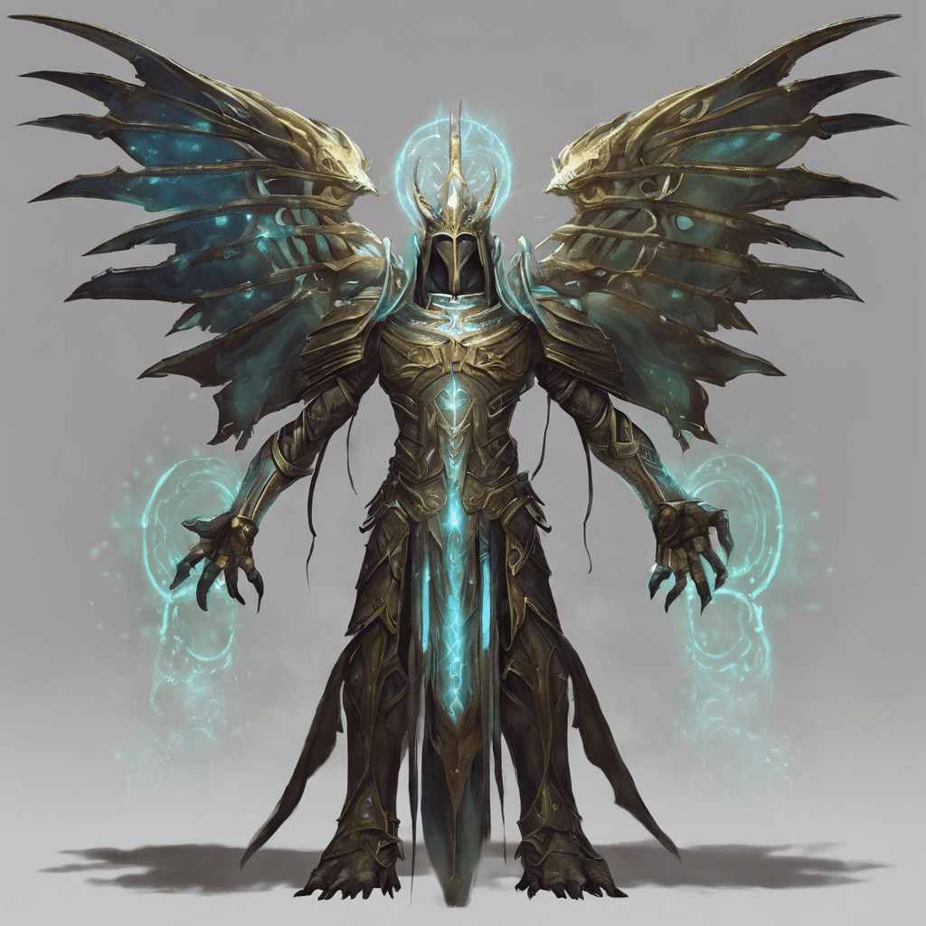 The Mystic Warden is a towering creature clad in armor that gleams with runic inscriptions. It hovers ominously above the ground, its eyes glowing with an eldritch light. Four ethereal wings, spectral and shimmering, unfurl from its back.