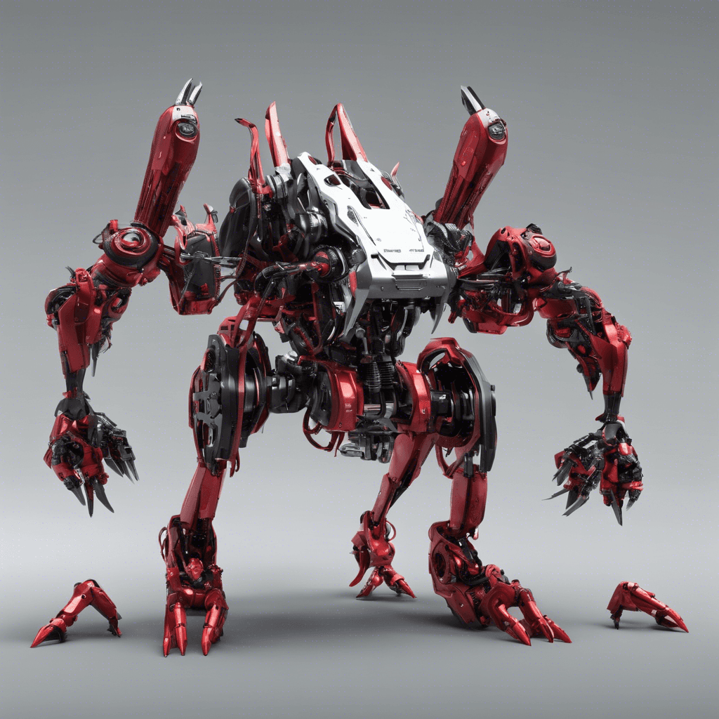 A sleek quadrupedal robot, its chassis a fusion of snarling mechanical beast and cold, advanced technology. Glinting metal fangs, red optical sensors pulsating with predatory intent, and hydraulic limbs primed to lunge with lethal speed.