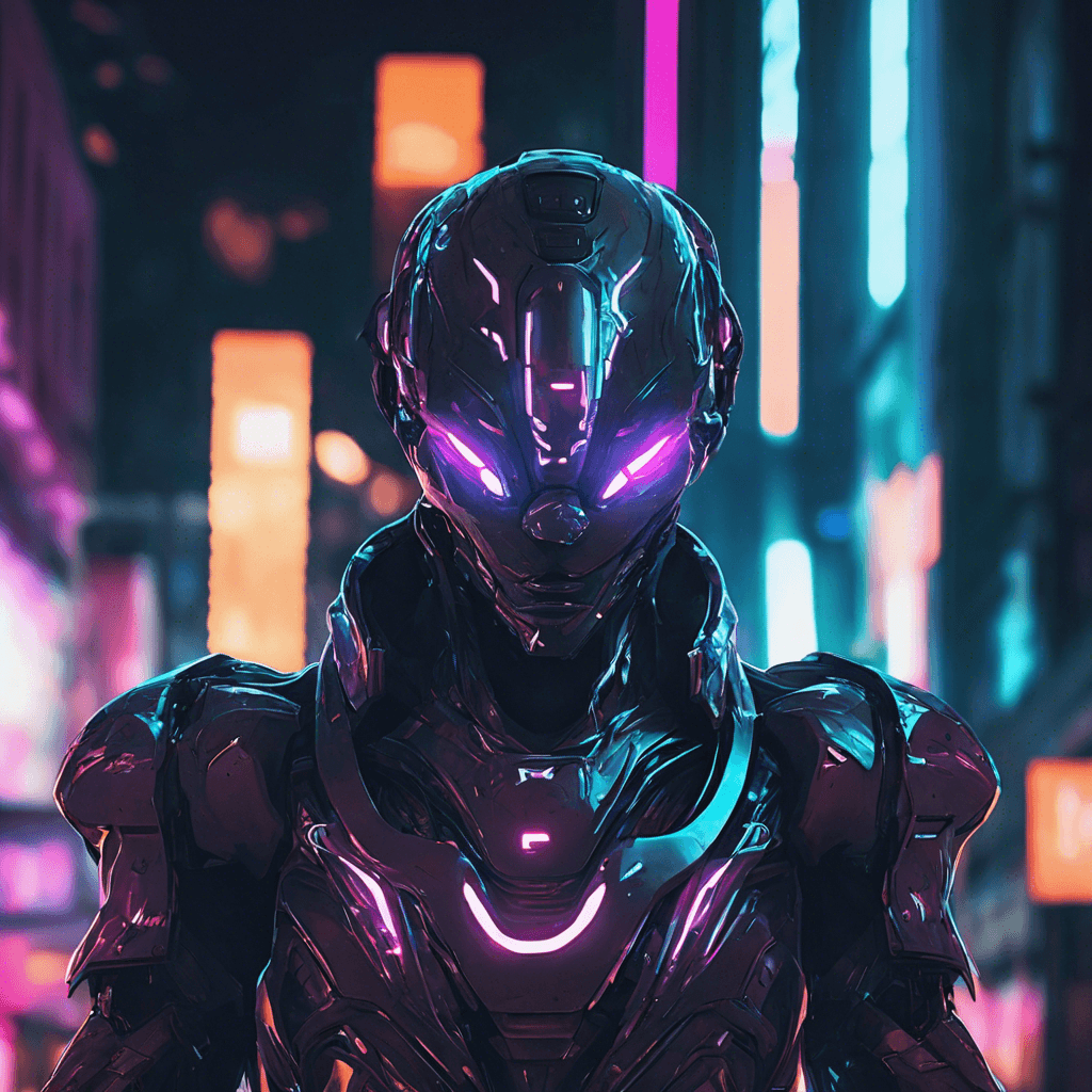 A shadowy figure clad in sleek cybernetic armor, blending seamlessly with the neon lights of Neu-Berlin. Its eyes glow with a faint digital hum, and its movements are almost ghost-like in their speed and precision.