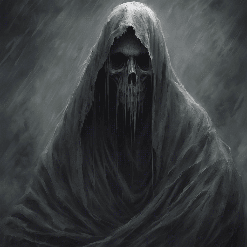 The Specter of Sorrow is a ghostly figure draped in tattered gray robes, with dark hollow eyes that seem to weep an endless cascade of tears. Its presence fills the room with a palpable sense of grief and despair, sending chills down your spine.