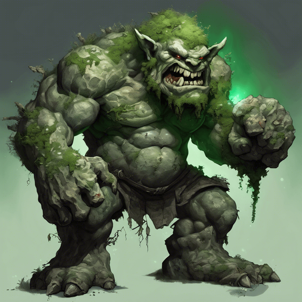 A hulking Stone Troll with granite-like skin, bits of moss and lichen growing upon its back. Its eyes are deep-set glowing emerald, and its mouth is full of jagged, rock-like teeth. The troll has fists as large as boulders and moves with a surprising swiftness for its size.