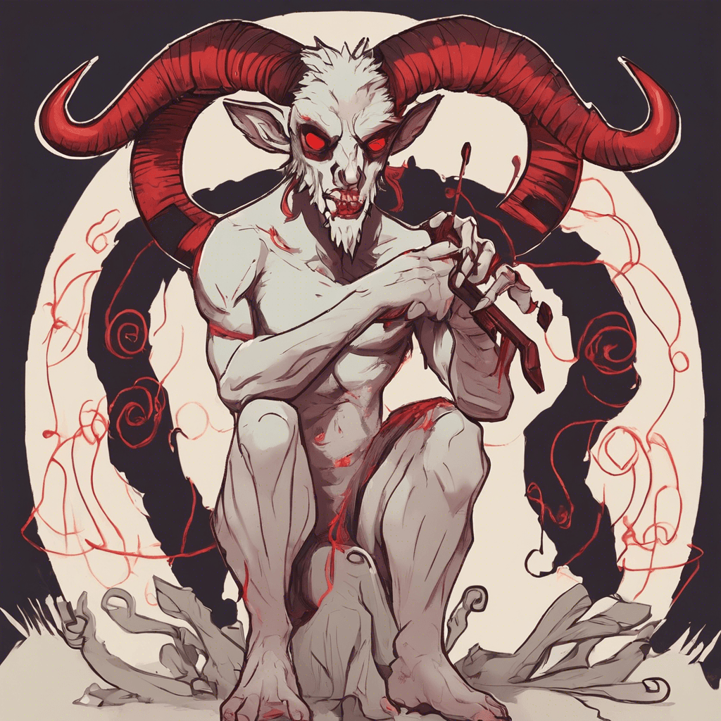 A corrupted satyr with a spined back, glowing red eyes, a sinister smirk, and sharp, crooked horns protruding from a receding hairline. Its once gracefully curved pan flute hangs broken and misshapen at its side.