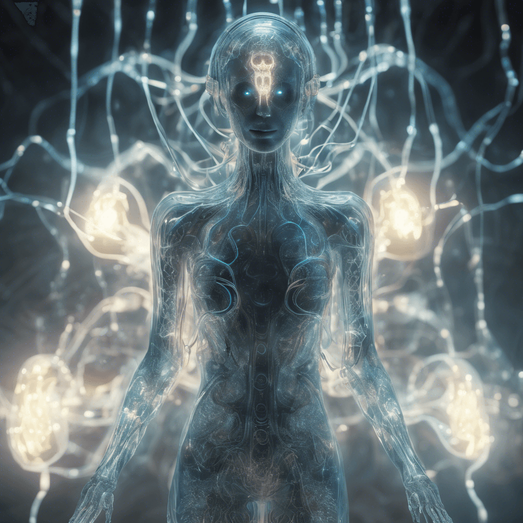 A ghostly figure with flickering holographic patterns across its semi-transparent body, casting an eerie glow. It has cybernetic implants and wires floating around it like tentacles.