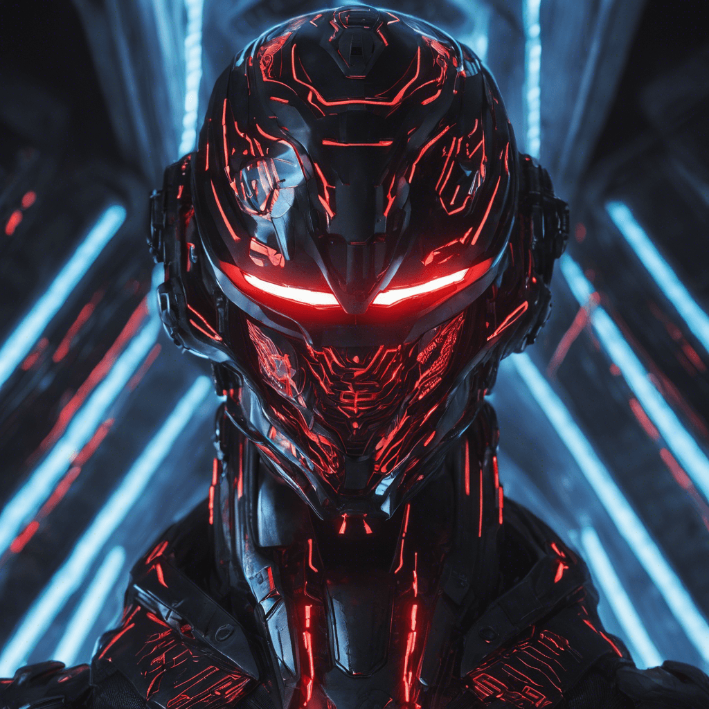 A towering figure, nearly seven feet tall, plated in reflective black armor interlaced with pulsating red circuit patterns. Its face is obscured by a visor emitting a cold blue light, with a mechanical voice that resonates from an integrated helmet speaker.