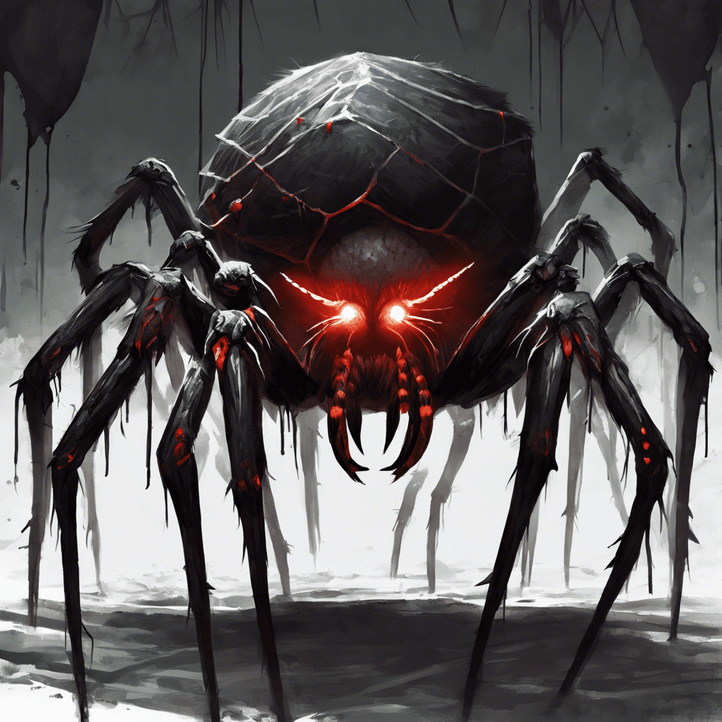 A colossal spider, as large as a small hut, with obsidian black chitin and eight glowing red eyes. Its limbs are lined with razor-sharp bristles, and venom drips from its menacing fangs.