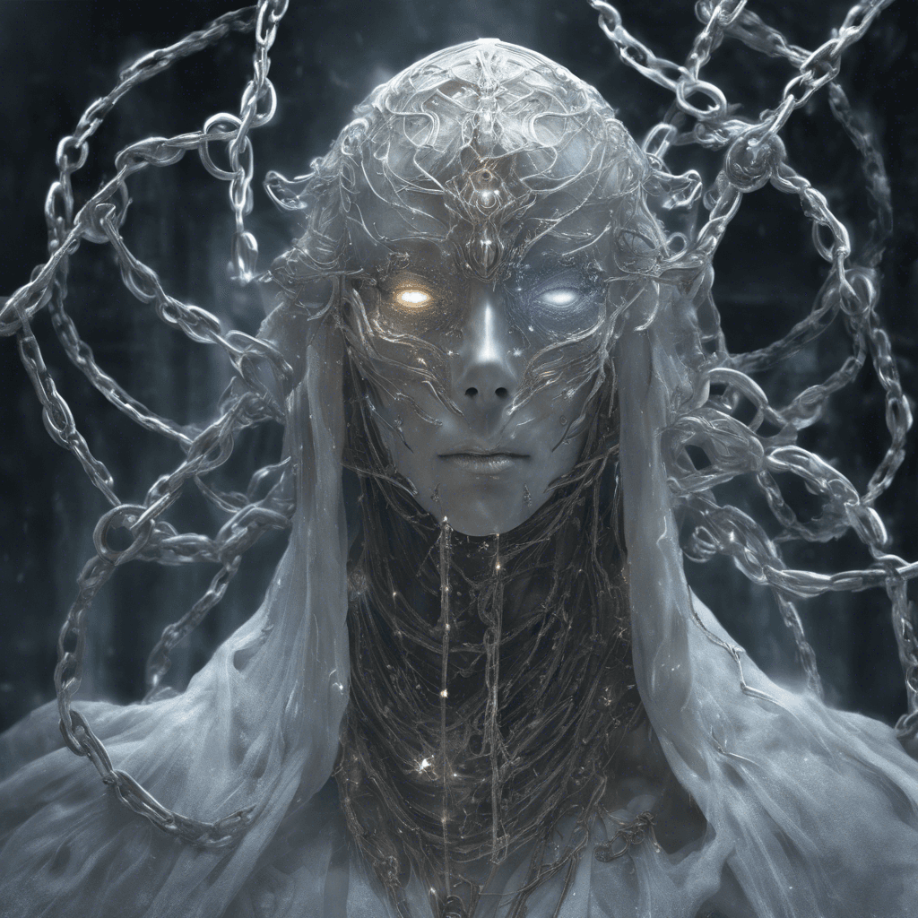 A ghostly form of an armored figure, draped in ethereal chains that clank and whirl in the cold air. Its eyes are glowing hollows of despair, and its ethereal presence exudes malice and longing.