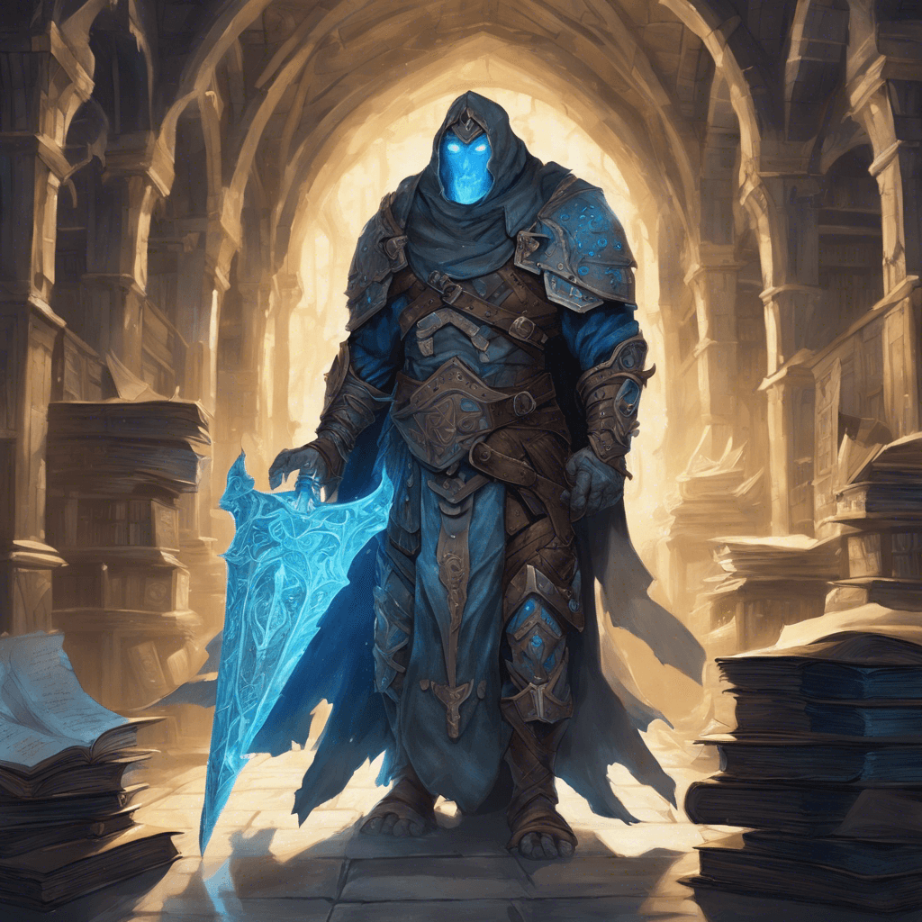 A hulking creature of leather and parchment, the Tome Warden flickers through the aisles, its eyes aglow with a spectral blue light. Adorned with scraps of ancient texts as armor, it wields a massive bookmark blade, and the air around it seems to tremble with the silent whispers of a thousand stories.